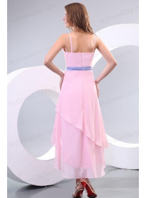 Cheap Baby Pink Spaghetti Straps High-low Prom Dress with Lavender Sash