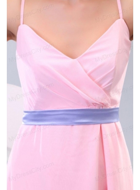 Cheap Baby Pink Spaghetti Straps High-low Prom Dress with Lavender Sash