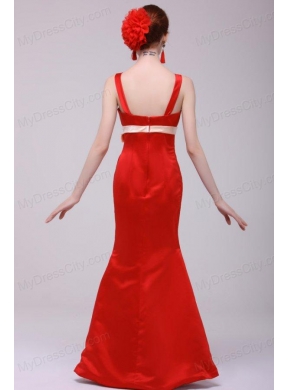 Cheap Column Straps Floor-length Taffeta Sash Red Prom Dress