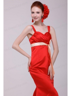 Cheap Column Straps Floor-length Taffeta Sash Red Prom Dress