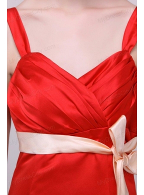 Cheap Column Straps Floor-length Taffeta Sash Red Prom Dress