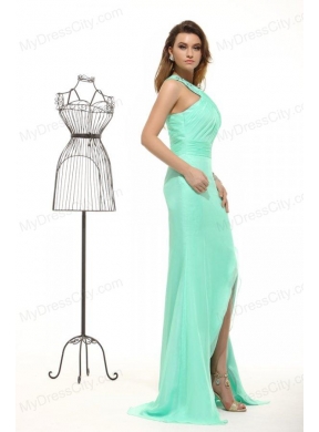 Column Apple Green High Slit One Shoulder Chiffon Beading Prom Dress