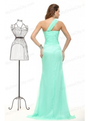 Column Apple Green High Slit One Shoulder Chiffon Beading Prom Dress