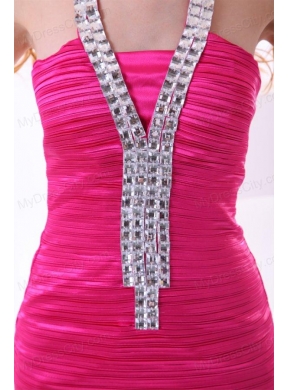 Column Halter Hot Pink Ruching and Beading Mini-length Prom Dress