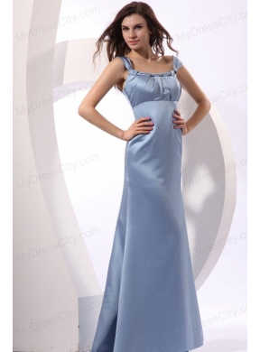 Column Light Blue Cap Sleeveless Ruching Prom Dress with Brush Train