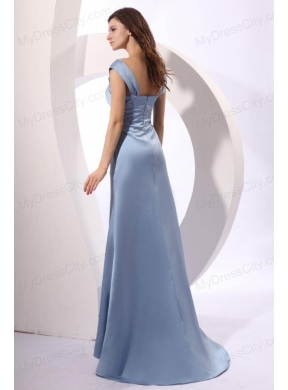 Column Light Blue Cap Sleeveless Ruching Prom Dress with Brush Train