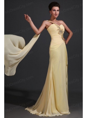 Column One Shoulder Appliques Light Yellow Watteau Train Prom Dress