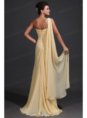 Column One Shoulder Appliques Light Yellow Watteau Train Prom Dress