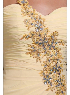 Column One Shoulder Appliques Light Yellow Watteau Train Prom Dress