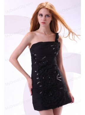 Column One Shoulder Hand Made Flowers Mini-length Black Prom Dress