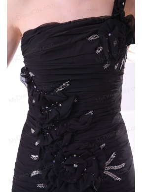 Column One Shoulder Hand Made Flowers Mini-length Black Prom Dress