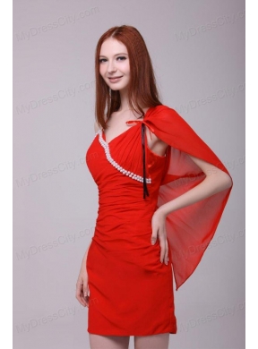 Column Red Asymmetrical Mini-length Beading Prom Dress with Chiffon