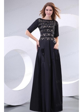 Column Scoop Black Floor-length Lace Prom Dress with Half Sleeves