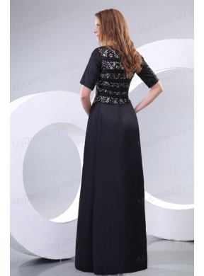 Column Scoop Black Floor-length Lace Prom Dress with Half Sleeves