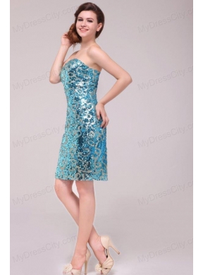 Column Strapless Blue Sequins Prom Dress with Knee-length