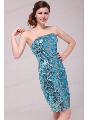 Column Strapless Blue Sequins Prom Dress with Knee-length