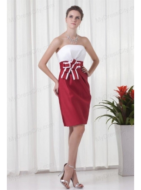 Column Strapless Red and White Mini-length Ruching Prom Dress