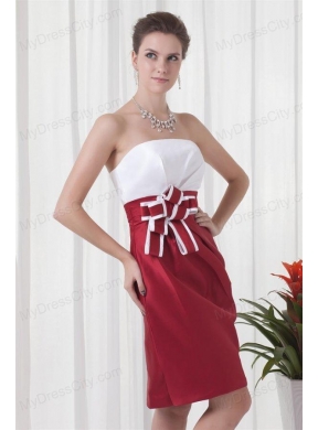 Column Strapless Red and White Mini-length Ruching Prom Dress