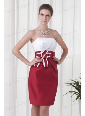 Column Strapless Red and White Mini-length Ruching Prom Dress