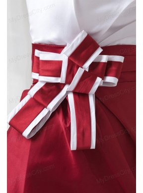 Column Strapless Red and White Mini-length Ruching Prom Dress