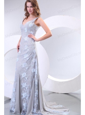 Column Straps Taffeta Grey Embroidery Prom Dress with Brush Train