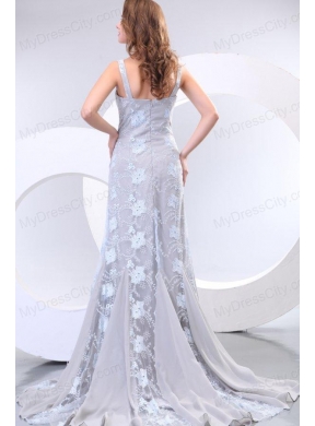 Column Straps Taffeta Grey Embroidery Prom Dress with Brush Train