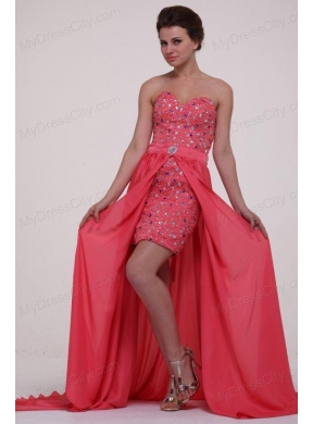 Column Watermelon Red Sweetheart Beading Chiffon Prom Dress