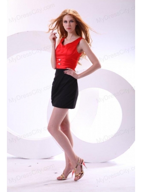 Discount Column V-neck Column Black and Red Prom Dress with Ruching