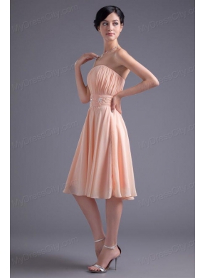 Elegant Empire Strapless V-neck Knee-length Chiffon Peach Prom Dress with Beading