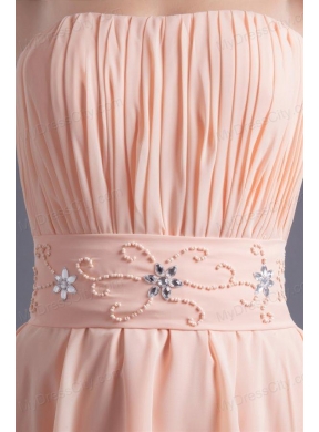 Elegant Empire Strapless V-neck Knee-length Chiffon Peach Prom Dress with Beading