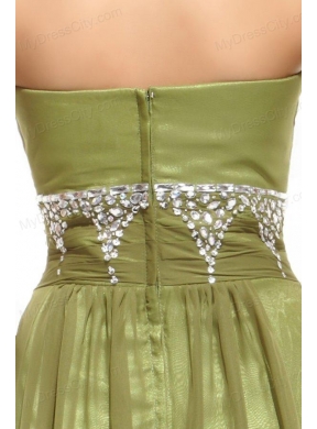 Empire Olive Green Strapless Beading and Ruching Prom Dress