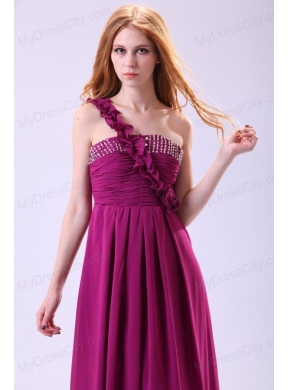 Empire One Shoulder Ankle-length Chiffon Purple Beading Prom Dress