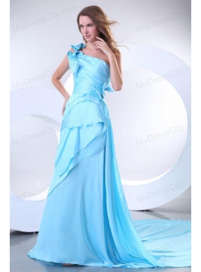 Empire One Shoulder Aqua Blue Watteau Train Prom Dress with Bowknot