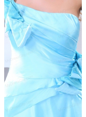 Empire One Shoulder Aqua Blue Watteau Train Prom Dress with Bowknot