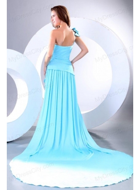 Empire One Shoulder Aqua Blue Watteau Train Prom Dress with Bowknot