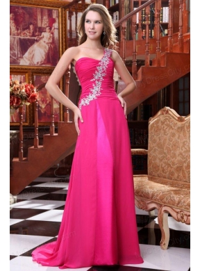 Empire One Shoulder Hot Pink Appliques and Ruching Brush Train Prom Dress