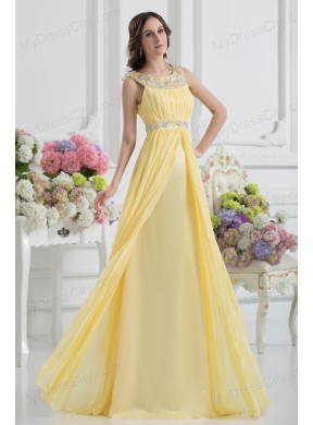 Empire Scoop Beading Ruching Light Yellow Prom Dress