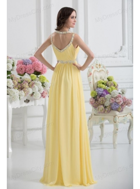 Empire Scoop Beading Ruching Light Yellow Prom Dress