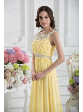 Empire Scoop Beading Ruching Light Yellow Prom Dress