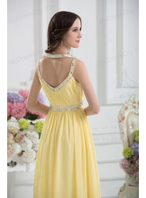 Empire Scoop Beading Ruching Light Yellow Prom Dress