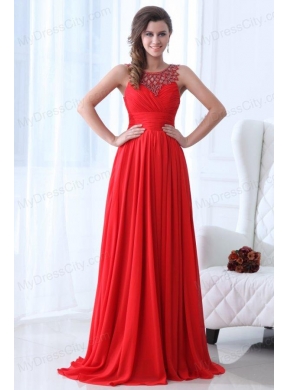 Empire Scoop Red Ruching and Beading Chiffon Prom Dress