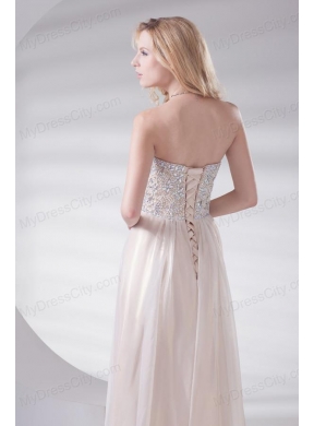 Empire Strapless Sleeveless Beading and Ruching Lace-up Champagne Prom Dress