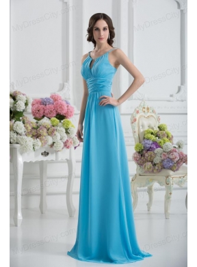 Empire Straps Ruching Baby Blue Floor-length Chiffon Prom Dress