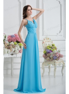 Empire Straps Ruching Baby Blue Floor-length Chiffon Prom Dress