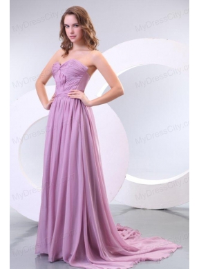 Empire Sweetheart Lilac Chiffon Ruche Prom Dress with Watteau Train