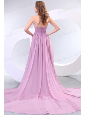 Empire Sweetheart Lilac Chiffon Ruche Prom Dress with Watteau Train