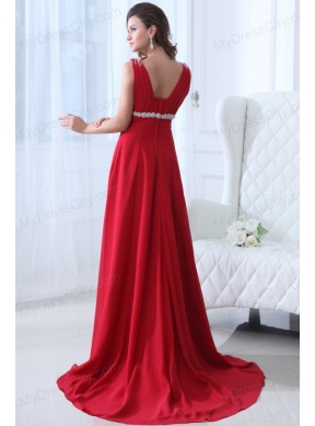 Empire V-neck Brush Train Beading Chiffon 2014 Spring Red Prom Dress