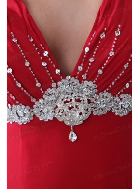 Empire V-neck Brush Train Beading Chiffon 2014 Spring Red Prom Dress