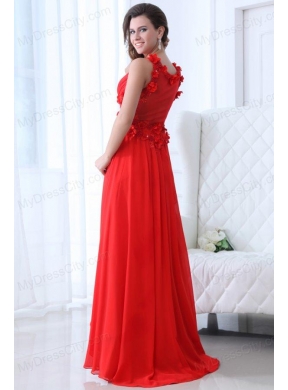 Empire Wine Red V-neck Ruching Appliques Floor-length Prom Dress