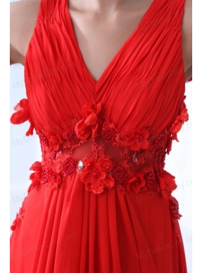 Empire Wine Red V-neck Ruching Appliques Floor-length Prom Dress